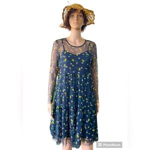 Blue and yellow flower print Tulle mesh fabric dress with maxi